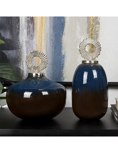 Mdk Adorno Azul Vidrio/metal Set X 2...